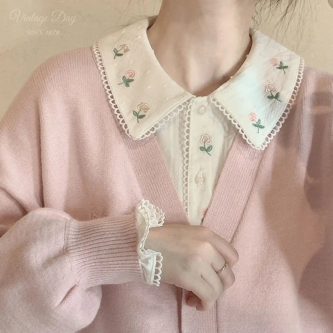 Peter Pan Collar Shirts Women Long Sleeves White Girls Vintage Floral Spring Tops Schoolgirls Kawaii Basic Ins Chic New Arrivals