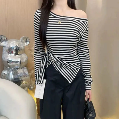 Stripped Off Shoulder Top For Women Slim Fit Asymmetrical Design Trendy Night Out Wear Spring Autumn Fashion Long Sleeve T Shirt