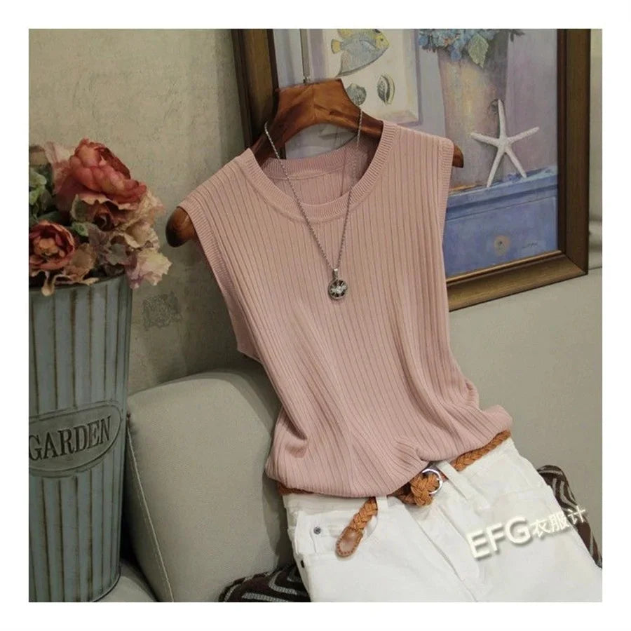 Summer Sleeveless O-Neck Knitted Top for Women - Sleeveless Blouse, Knit Shirt, Women's Tops NZ | Strylez Virtual Try-On