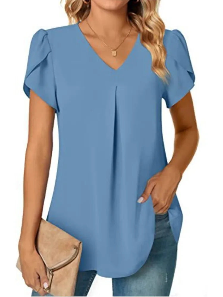 Elegant Women's Top Blouse 2024 Summer Flower – Short Sleeve V-Neck Office/Work, Commuter Shirt S-XXL | NZ | Strylez Virtual Try-On