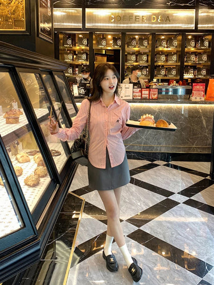 Women's Shirt and Blouse Button Up Striped Female Tops Full Long Sleeve Spring Autumn with Designs Pattern Embroidery Basic Xl M