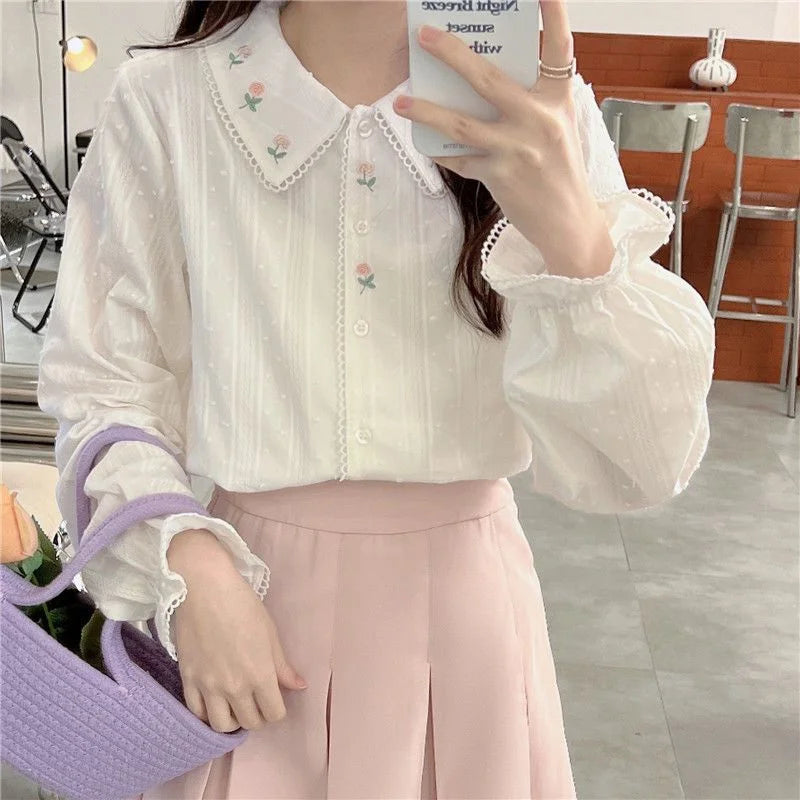 Peter Pan Collar Shirts Women Long Sleeves White Girls Vintage Floral Spring Tops Schoolgirls Kawaii Basic Ins Chic New Arrivals
