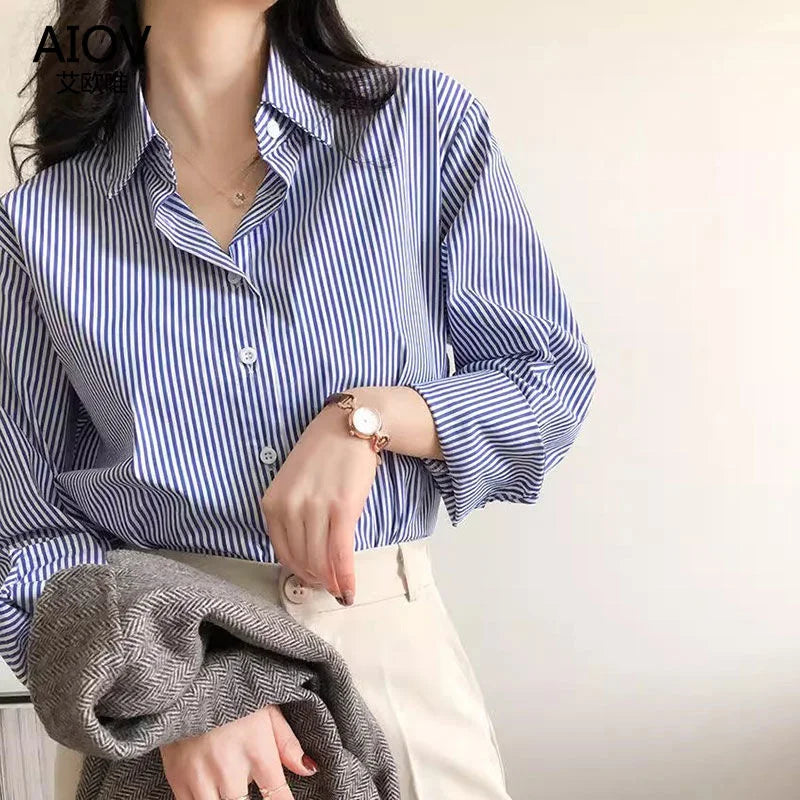 New Zealand Classic Striped Women’s Spring Autumn Blouse - Lantern Sleeve, Stand Collar, Loose Top | Strylez App Virtual Try-On