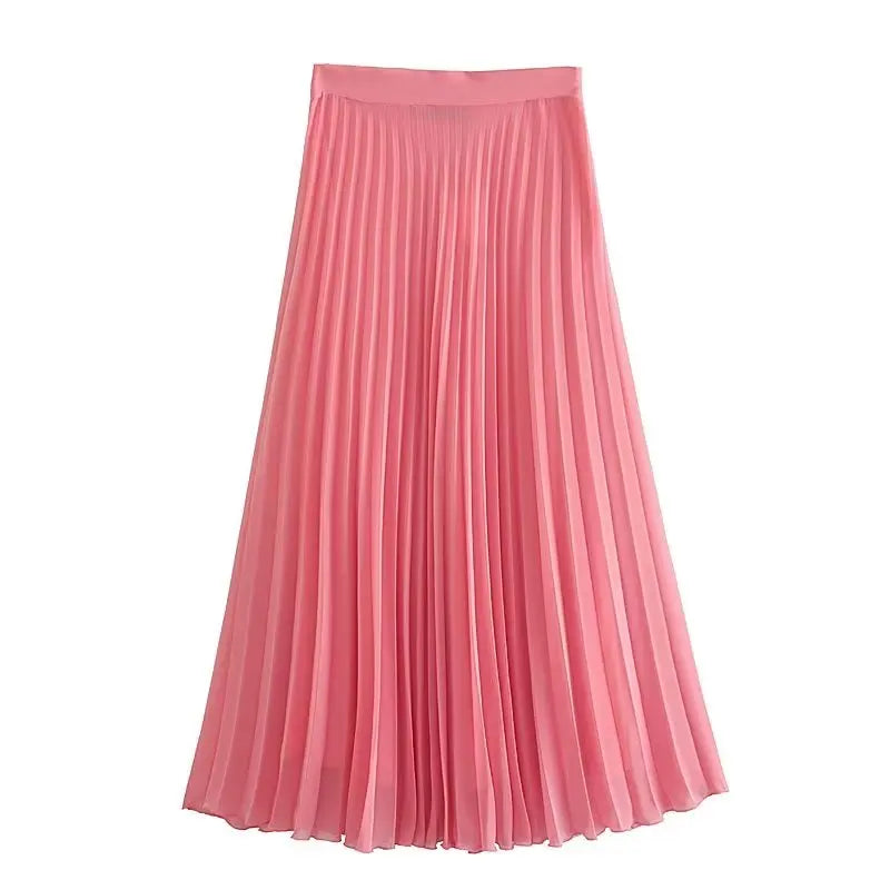 Playful Pink Pleated Midi Skirt – Summer High Waist Fairycore Ruched Skirt for Women’s Evening Vibes