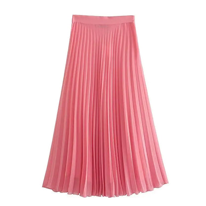 Playful Pink Pleated Midi Skirt – Summer High Waist Fairycore Ruched Skirt for Women’s Evening Vibes