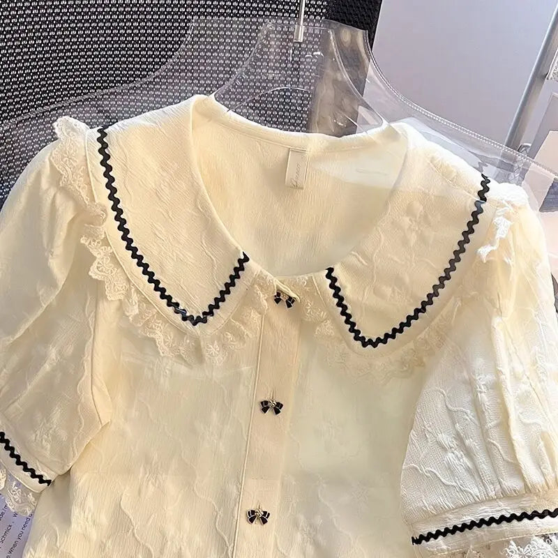 Peter Pan Collar Shirts Women Kawaii Lace Gentle Trendy French Style Mujer Blusas Summer New Design Elegant Puff Sleeve Clothes
