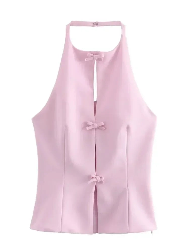 Pink Bow Halter Crop Top & Asymmetrical Shorts Set – New Zealand, Women's Two-Piece, Strylez Virtual Try-On