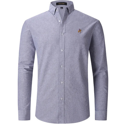 New Pure Cotton Oxford Embroidered Horse Casual Without Pocket Solid Shirt Men's Long Sleeve Dress Shirts Men Business Slim Fit