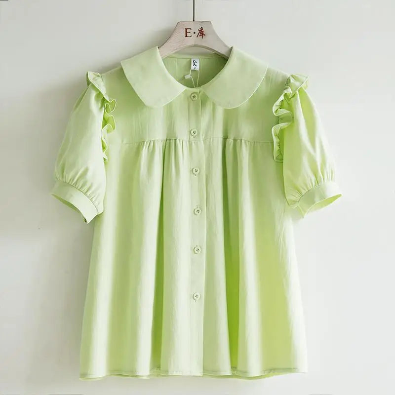 Blue Peter Pan Collar Loose Blouse - Short Sleeve, Single Breasted Women’s Shirt, Korean Fashion Tops 2024 Spring NZ | Strylez Virtual Try-On