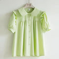 Blue Peter Pan Collar Loose Blouse - Short Sleeve, Single Breasted Women’s Shirt, Korean Fashion Tops 2024 Spring NZ | Strylez Virtual Try-On