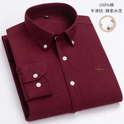 2024 Men Shirt Floral Long Sleeve Casual 100% Cotton Oxford Man Leisure Embroidered Horse Shirts Streetwear Oversized  Plus Size