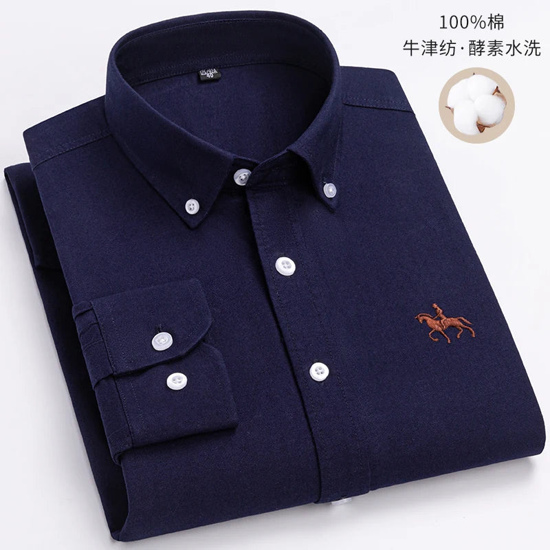 Quality 100% Cotton Oxford Shirt Men's Long Sleeve Embroidered Horse Casual Without Pocket Solid Yellow Dress Shirts Men 5XL 6XL