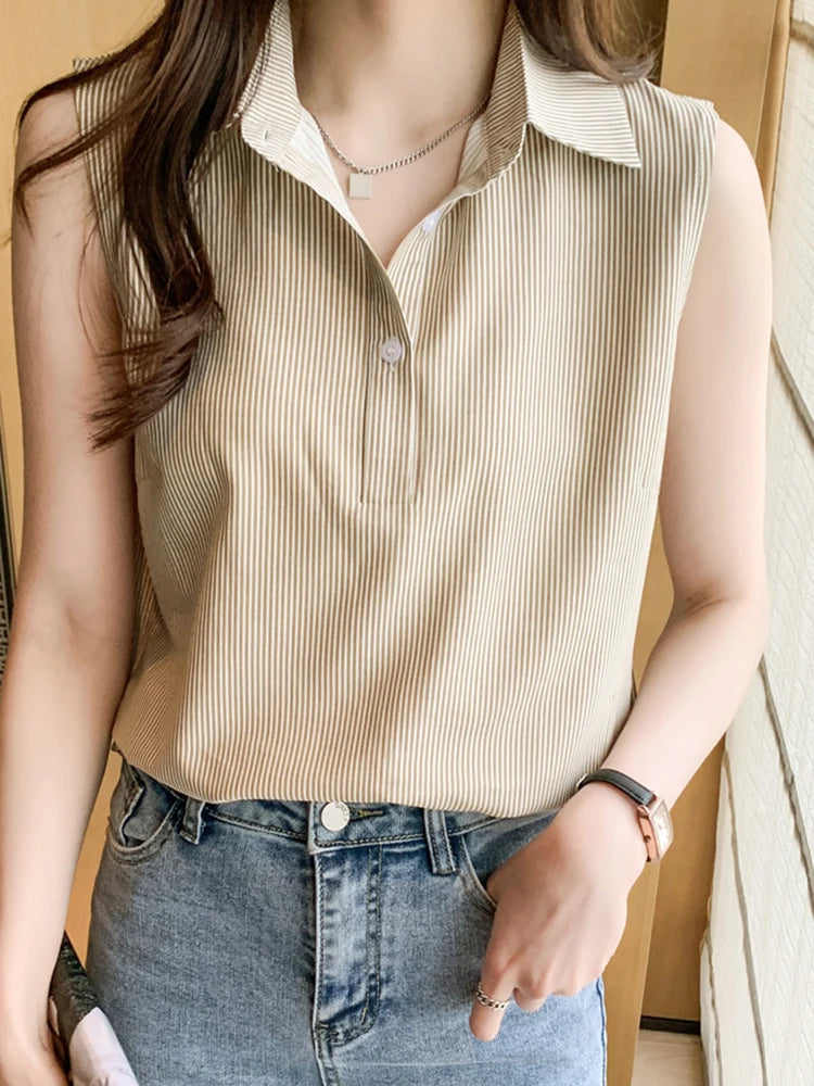 Women Summer Sleeveless Blouse Casual Striped Top | Office OL Blouse | Ladies Basic Tops NZ | Strylez Virtual Try-On