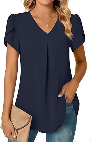 Elegant Women's Top Blouse 2024 Summer Flower – Short Sleeve V-Neck Office/Work, Commuter Shirt S-XXL | NZ | Strylez Virtual Try-On