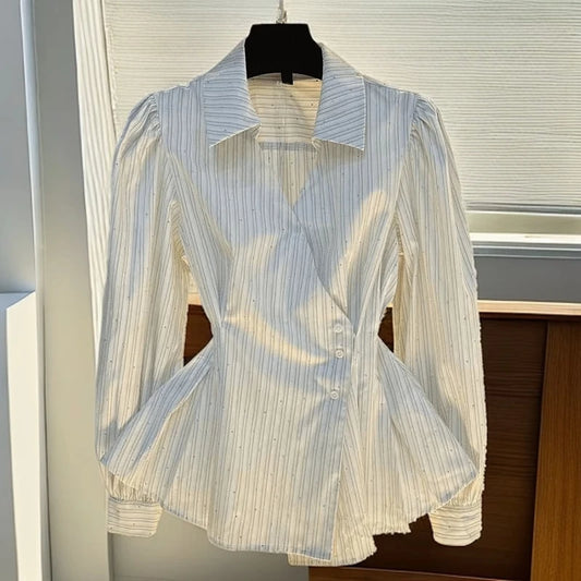 French Striped Long Sleeved Shirt Women Autumn 2025 Elegant Turndown Collar Waist Cinched Top Temperament Dress Hemline Blouse