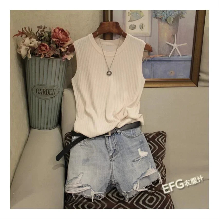 Summer Sleeveless O-Neck Knitted Top for Women - Sleeveless Blouse, Knit Shirt, Women's Tops NZ | Strylez Virtual Try-On