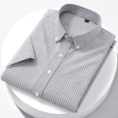 Luxury Men's Oxford Shirt 100% Cotton Short Sleeve Causal Stripe Solid Summer Basic Business Formal Social White Slim Fit Blouse