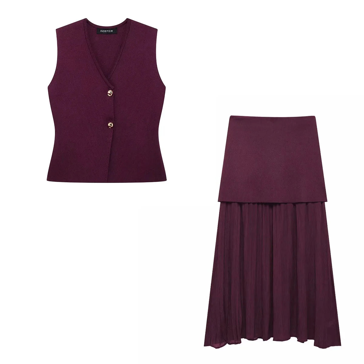 TRAFZA Women’s Chic 2-Piece V-Neck Vest & High-Waist Zipper Skirt Set