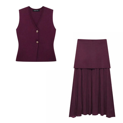 TRAFZA Women’s Chic 2-Piece V-Neck Vest & High-Waist Zipper Skirt Set