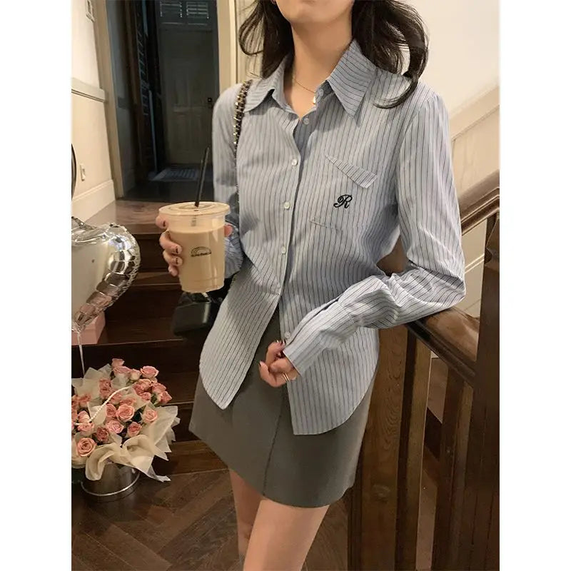 Women’s Button-Up Striped Shirt & Blouse | Long-Sleeve Top for Spring & Autumn | Embroidery Designs | NZ | Strylez Virtual Try-On (Sizes M & XL)