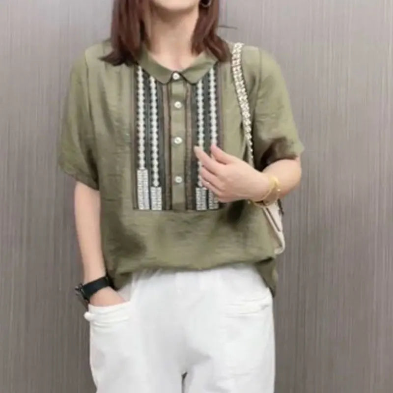 Vintage Peter Pan Collar Blouse Casual Loose Female Clothing Stylish Printed Patchwork Button 2024 Summer New Short Sleeve Shirt