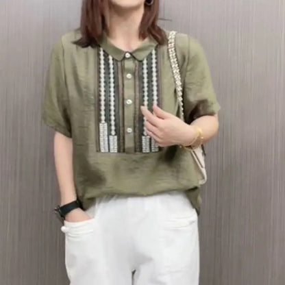 Vintage Peter Pan Collar Blouse Casual Loose Female Clothing Stylish Printed Patchwork Button 2024 Summer New Short Sleeve Shirt