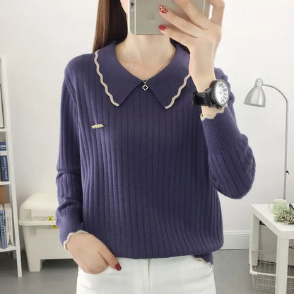 Fashion Peter Pan Collar Spliced All-match Knitted Blouse Women's Clothing 2022 Autumn New Loose Casual Pullovers Korean Shirt