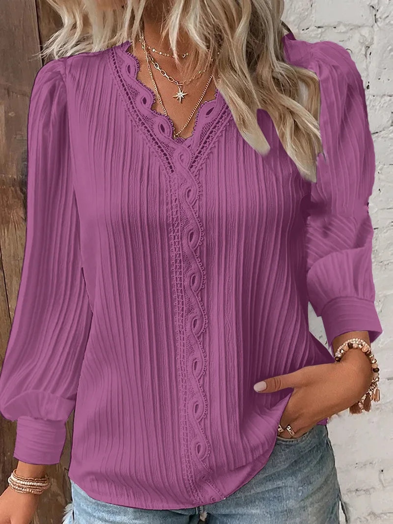 Elegant Summer Hollow Lace Patchwork Women’s Shirt – V-Neck Long Sleeve Blouse, Casual Lace Top New Zealand | Strylez Virtual Try-On