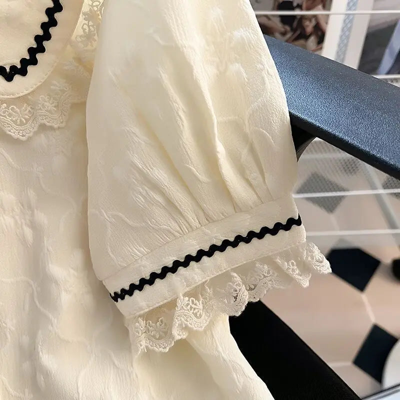 Peter Pan Collar Shirts Women Kawaii Lace Gentle Trendy French Style Mujer Blusas Summer New Design Elegant Puff Sleeve Clothes