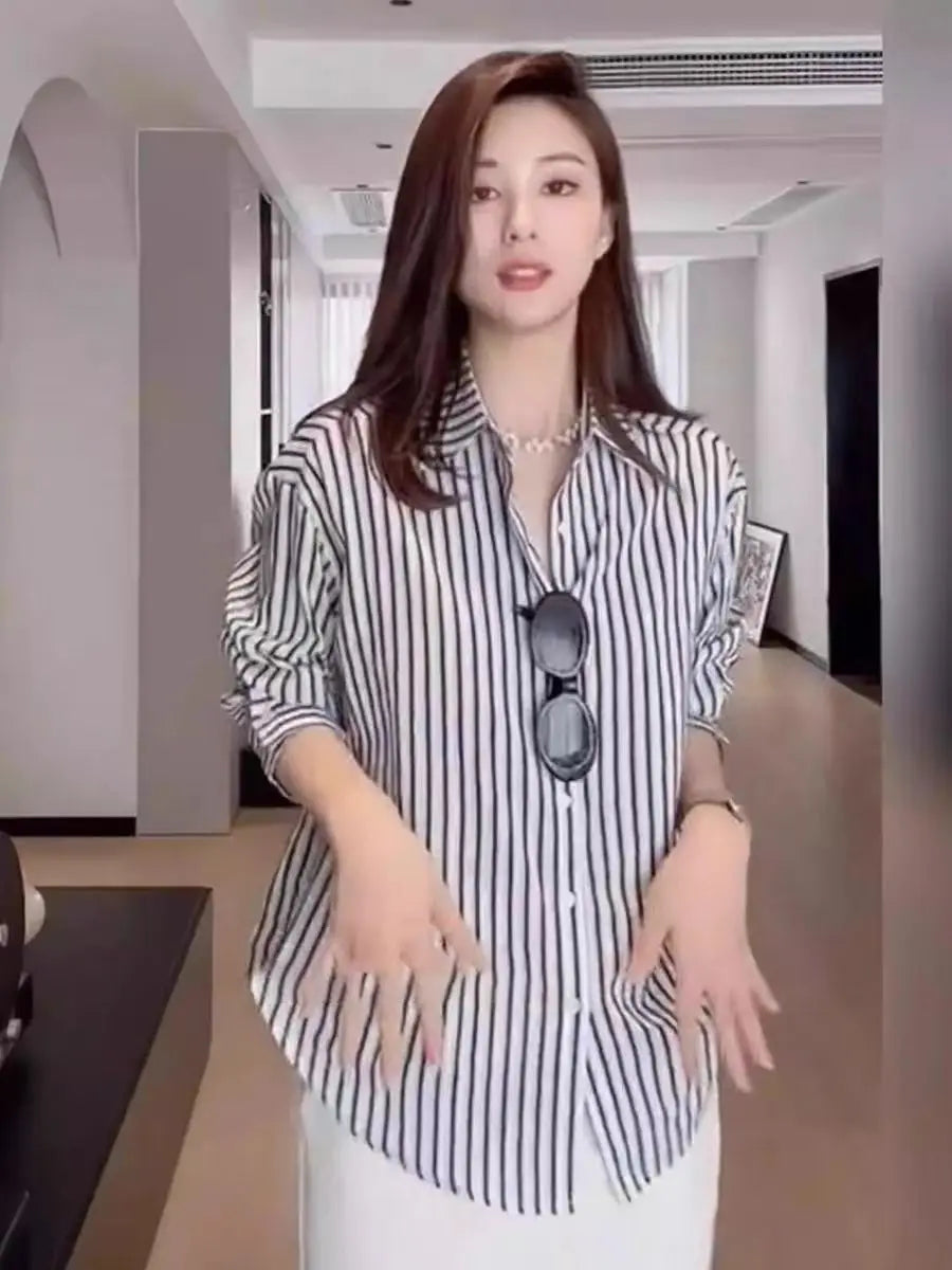 Black Striped Blouse for Women | Spring Casual Long Sleeve Top, Office/Workwear Shirt New Zealand | Strylez Virtual Try-On