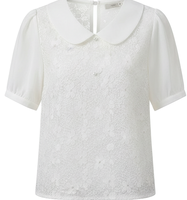 I BELIEVE YOU French Peter Pan Collar Lace Puff Sleeve Shirt Blouse – Women 2024 Summer New Basics NZ | Strylez Virtual Try-On