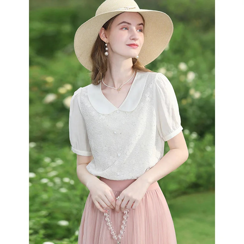 I BELIEVE YOU French Peter Pan Collar Lace Puff Sleeve Shirt Blouse – Women 2024 Summer New Basics NZ | Strylez Virtual Try-On