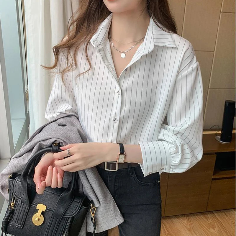 Striped Shirt Women Summer Vintage Chic Loose Long Sleeve Top - Y2K Office Casual Blouse | New Zealand | Strylez Virtual Try-On