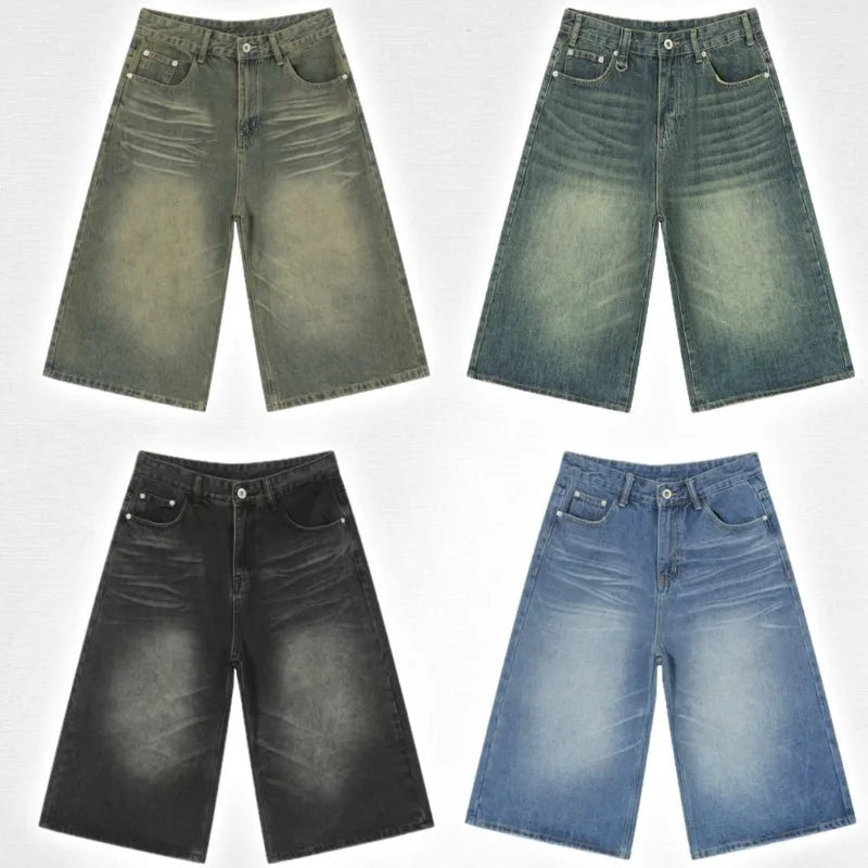 Y2K Retro Baggy Jeans Loose Fit Hip Hop Streetwear Cropped Shorts Unisex