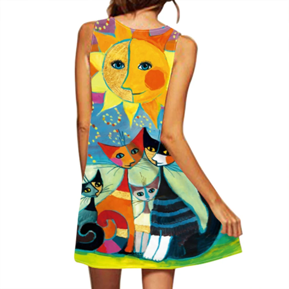 NZ Women's V-Neck Sleeveless Printed Dress, Large Hem - Cross-Border Foreign Trade, 2024 EU/US, Strylez Virtual Try-On