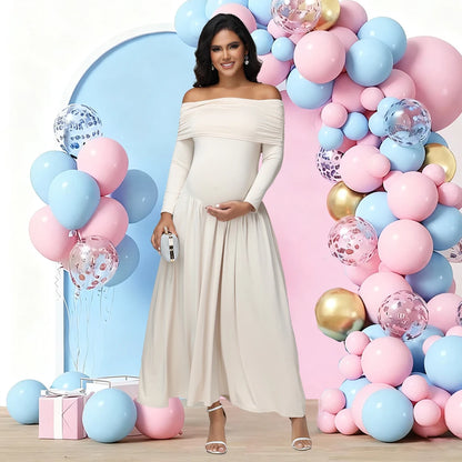 Maternity Elegant Photoshoot Dresses off Shoulder Long Sleeves Solid Pregnant Pleated Dress for Baby Shower