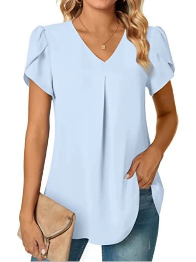 Elegant Women's Top Blouse 2024 Summer Flower – Short Sleeve V-Neck Office/Work, Commuter Shirt S-XXL | NZ | Strylez Virtual Try-On