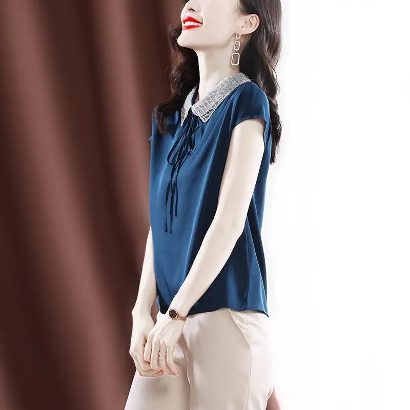 Office Lady Peter Pan Collar Chic Embroidered Flares Blouse Summer Solid Color All-match Drawstring Female Short Sleeve Shirt