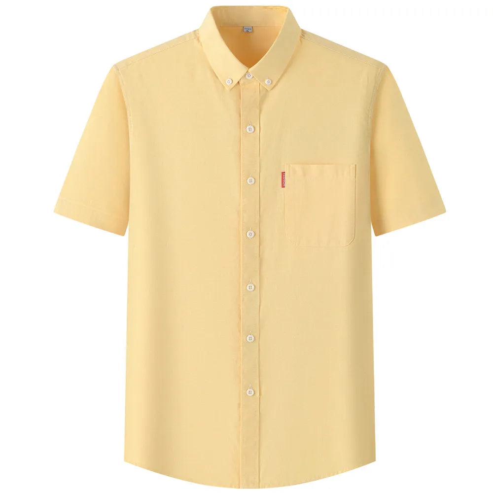 2025 New Men's Oxford Shirts Luxury Short Sleeve Summer Casual 100% Cotton High Quality Solid Color Business Social Yellow Tops
