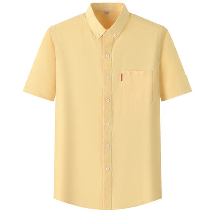 2025 New Men's Oxford Shirts Luxury Short Sleeve Summer Casual 100% Cotton High Quality Solid Color Business Social Yellow Tops