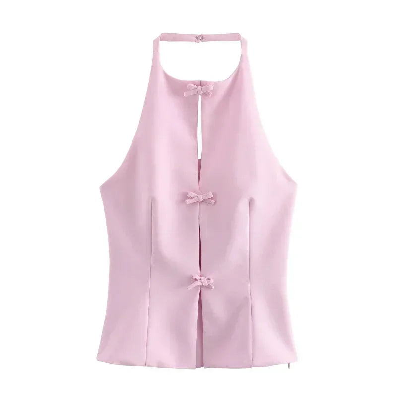 Pink Bow Halter Crop Top & Asymmetrical Shorts Set – New Zealand, Women's Two-Piece, Strylez Virtual Try-On