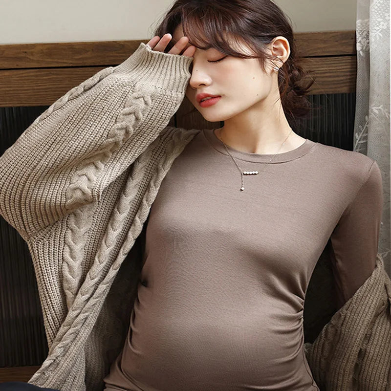 Maternity Spring Fall Round Neck Long-Sleeved Slim Thin Section Bottoming Shirt Pregnant Women's Solid Elastic Soft Homewear