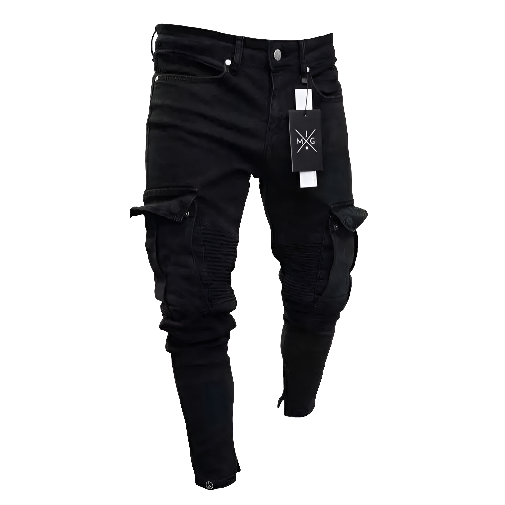 Black Stretch Cargo Jeans with Large Side Pockets - Elastic Streetwear Joggers, NZ | Strylez Virtual Try-On