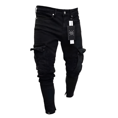 Black Stretch Cargo Jeans with Big Side Pockets – Elastic Joggers for Streetwear