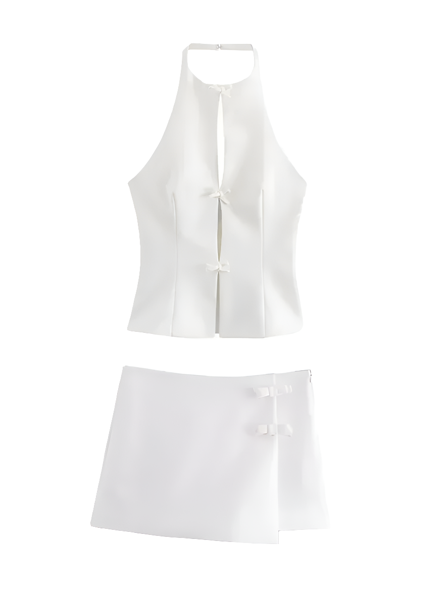 Pink Bow Halter Crop Top and Asymmetrical Shorts Set