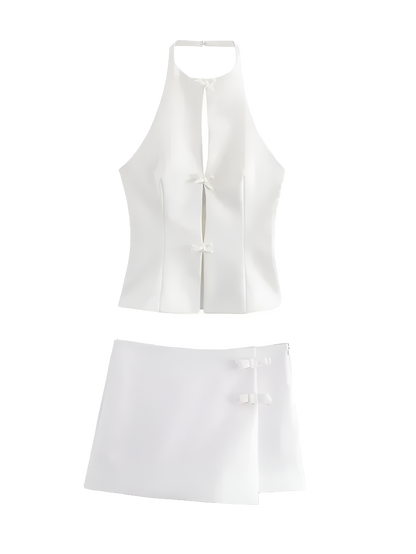 Pink Bow Halter Crop Top and Asymmetrical Shorts Set