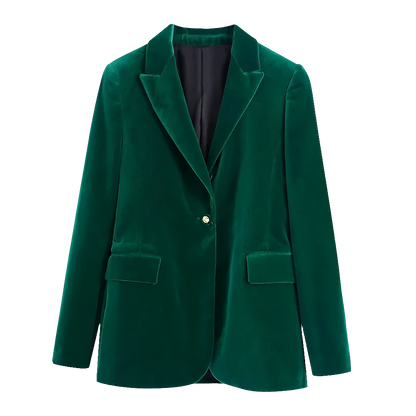 Elegant Green Chic Vintage Style Velvet Blazer - try on virtually!