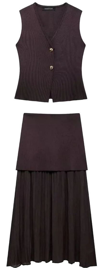 TRAFZA Women’s Chic 2-Piece V-Neck Vest & High-Waist Zipper Skirt Set