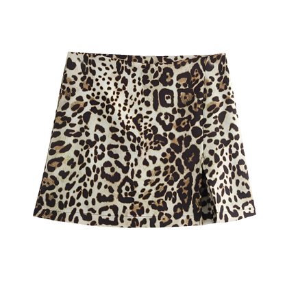 Leopard Print High-Waist Mini Skirt Shorts with Side Zipper for Women