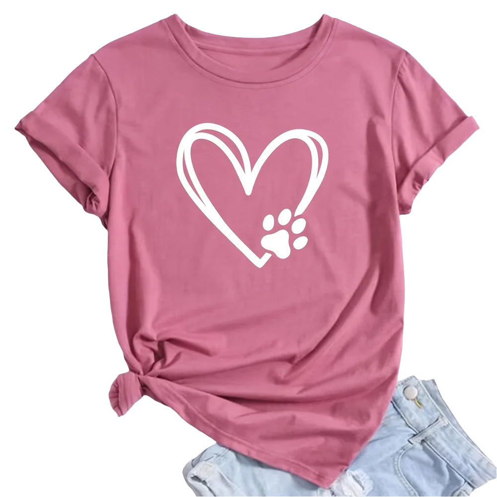 Plus Size Women’s T‑Shirt 2024 Summer Heart & Dog Footprint Print—Soft Elastic Casual Top, NZ Street Fashion | Strylez Virtual Try‑On
